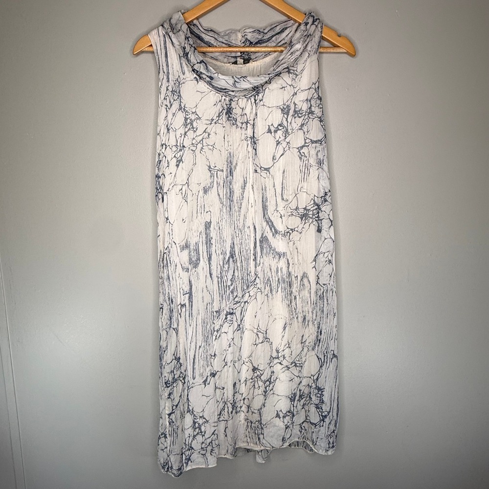 Via Signoria Size L 100% Silk Gray White Abstract Marble Shift Dress Italy